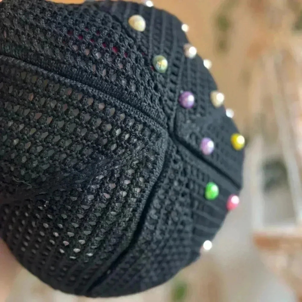 Boho Crochet Black Tote Bag with Colorful Beads - 15x12 Handmade Market Bag - Picture 7 of 9